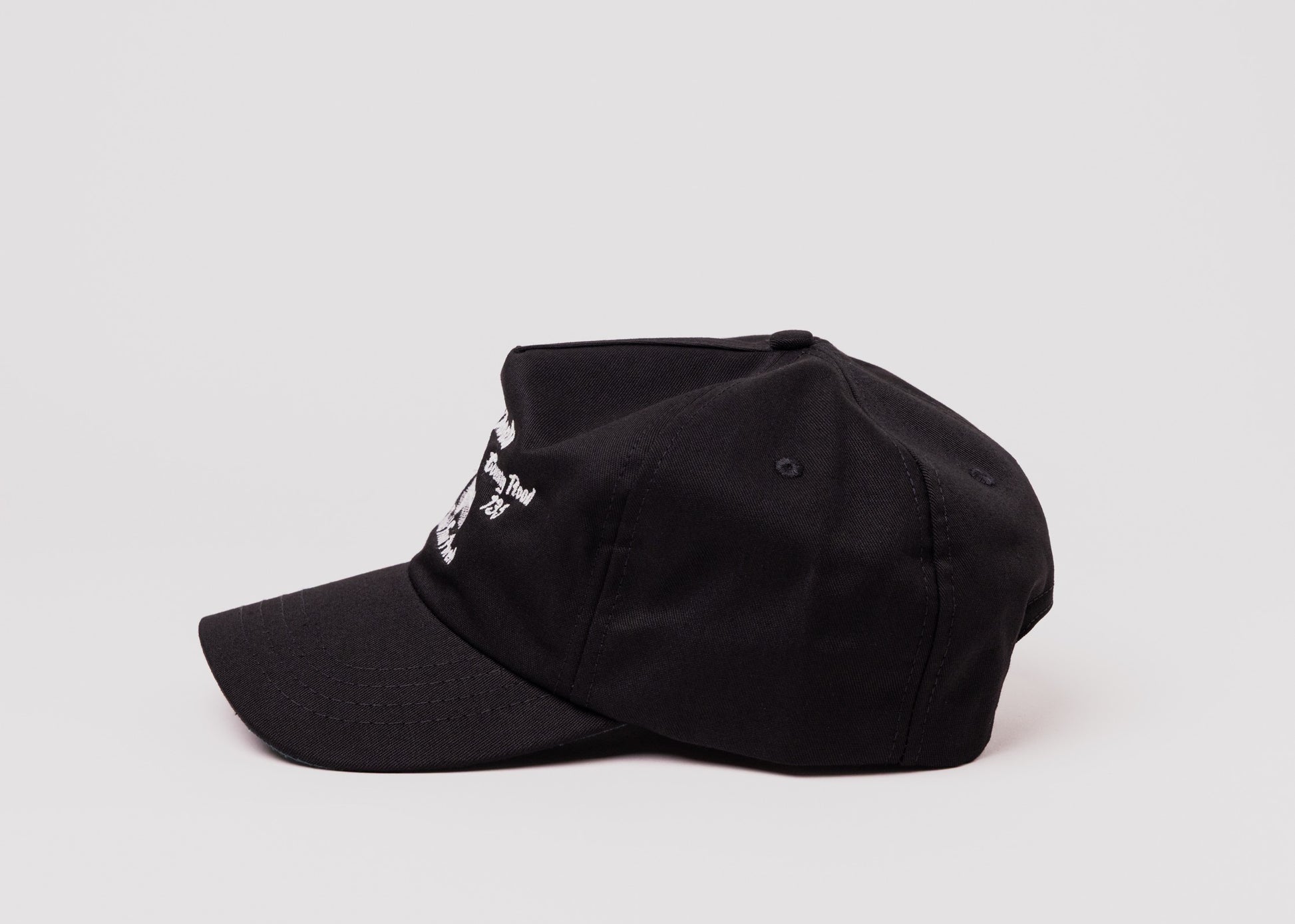 Black Besco hat with white embroidered ‘Big Shoals’ and canoe design, side profile on white background.
